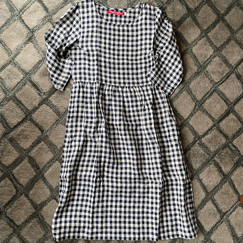 Pyne & Smith Model No.19 Boatneck Midi Dress in St.Ives Check Linen - XS